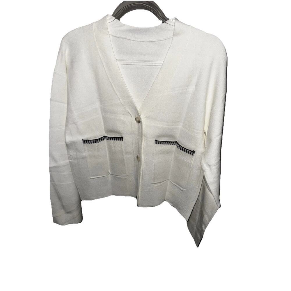 Women's White Knit Cardigan Sweater | Button Front Long Sleeve Cropped Style